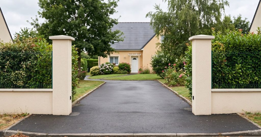 Entrée de pavillon à Trélazé avec ses deux piliers, relevée avant la pose d’un portail aluminium