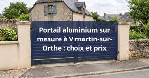 Portail aluminium à ligne haute galbée fermé entre ses piliers, à Vimartin-sur-Orthe