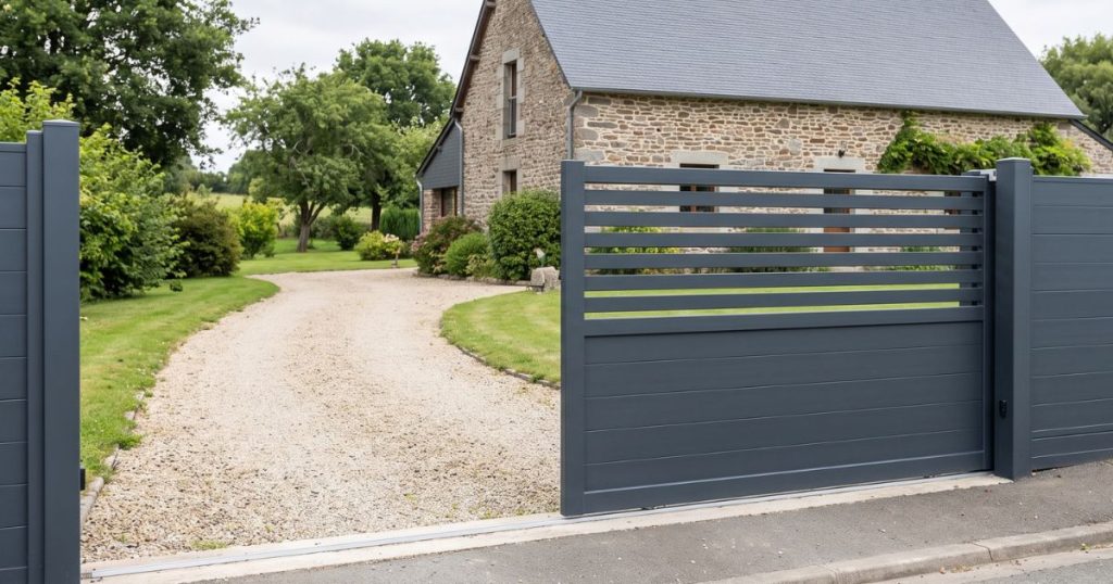 Portail coulissant aluminium ouvert à Vimartin-sur-Orthe, tablier effacé le long de la clôture