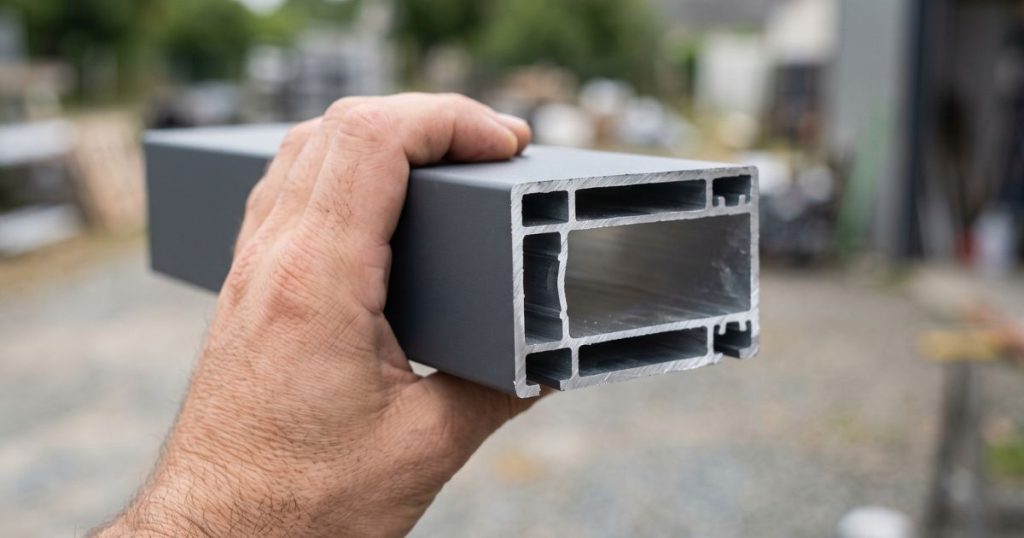 Profilé de montant en aluminium laqué tenu en main, chambres du profilé visibles en coupe