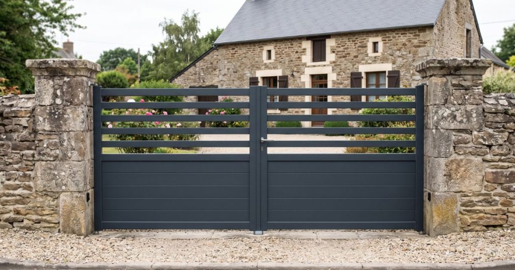 Portail aluminium semi-ajouré fermé à Vimartin-sur-Orthe, vu de face depuis la rue du bourg