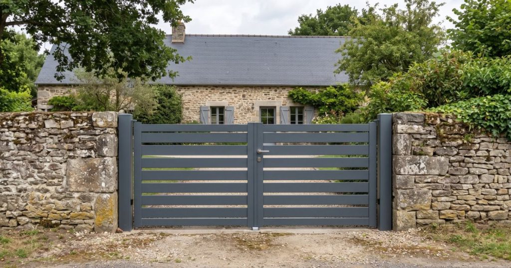 Portail aluminium posé d’aplomb sur une entrée en pente, traverse haute horizontale