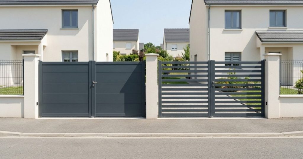 Deux entrées voisines d’une rue d’Arnage, l’une avec un portail aluminium plein, l’autre ajouré