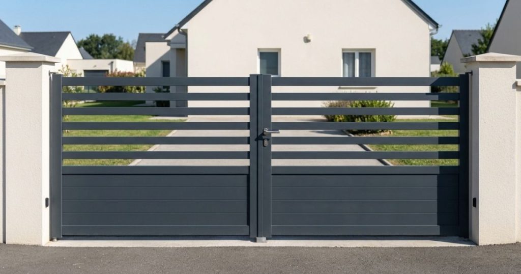 Portail aluminium semi-ajouré fermé sur une entrée d’Arnage, largeur de passage visible depuis la rue