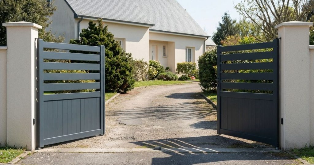 Portail battant aluminium ouvert sur l’allée d’un pavillon à Allonnes
