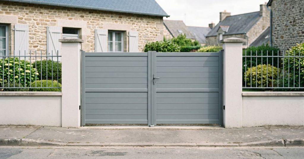 Portail battant aluminium plein fermé à Janzé, vu depuis la rue, la clôture au même gabarit