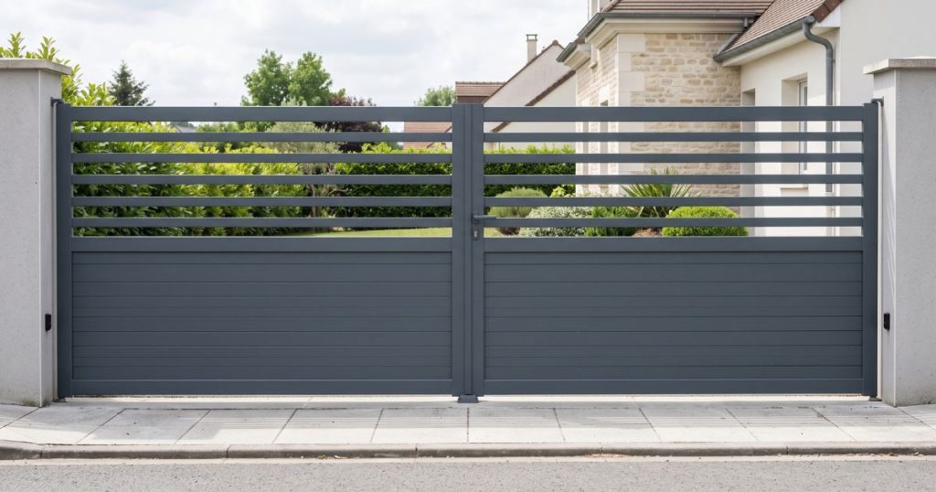 Portail battant aluminium semi-ajouré fermé, remplissage plein en bas et lames espacées en haut