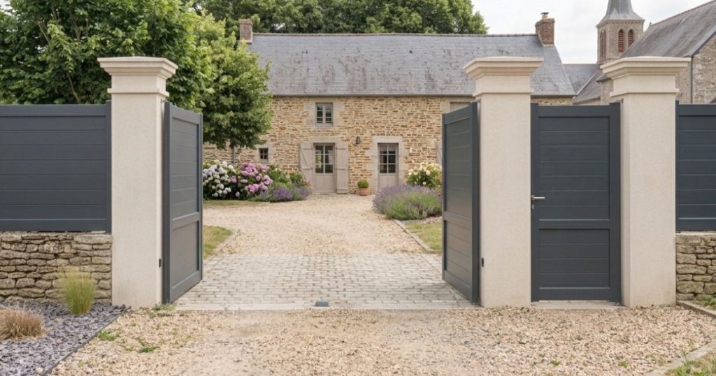 Portail battant aluminium ouvert sur la cour d’une longère à Vaiges, vu depuis la rue