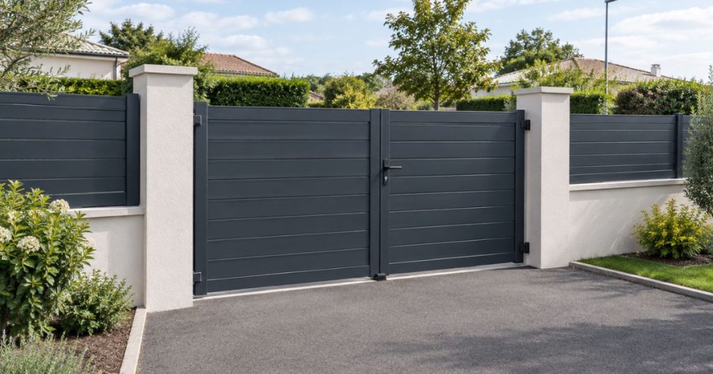 Portail battant aluminium anthracite posé à Andouillé sur ses deux piliers, par Kalio Menuiserie