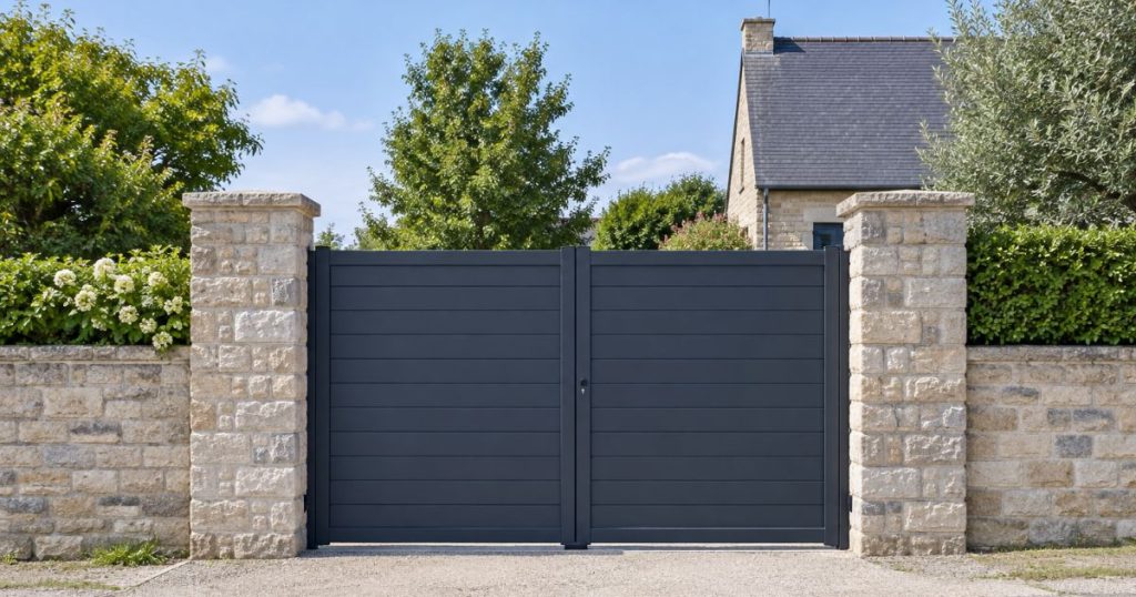 Portail battant aluminium posé entre deux jambages maçonnés à Andouillé, par Kalio Menuiserie