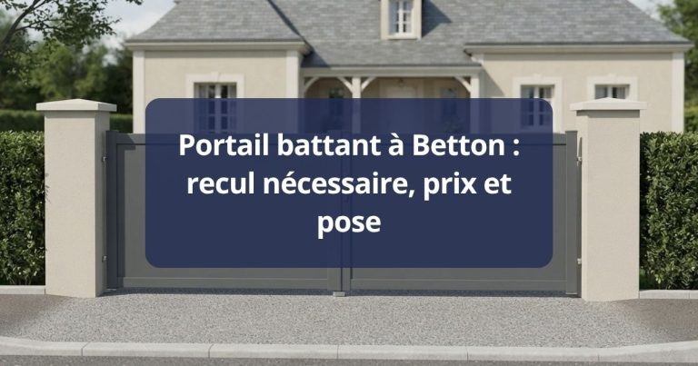 Portail battant aluminium à deux vantaux fermé, poignée centrale et butée au sol, à Betton