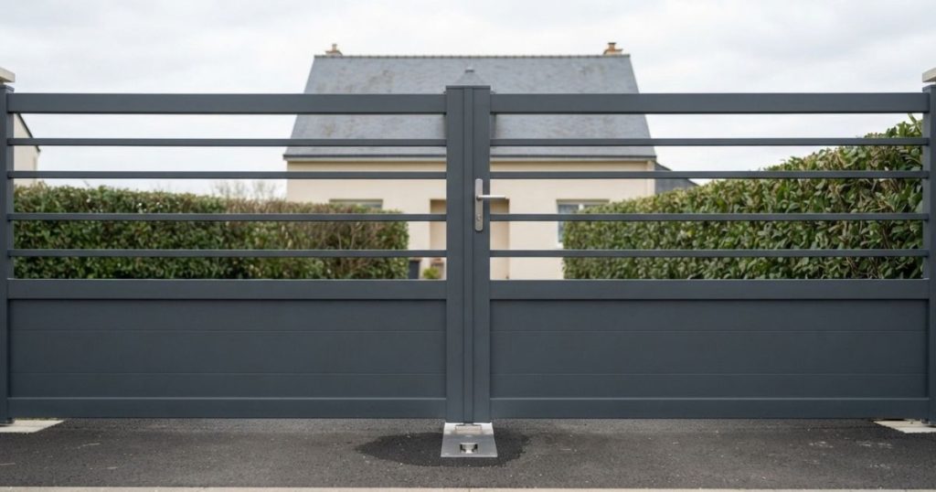 Portail battant aluminium deux vantaux fermé à Betton, poignée centrale et butée au sol