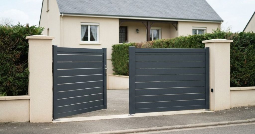 Portail battant à Betton, un seul vantail entrouvert pour le passage piéton
