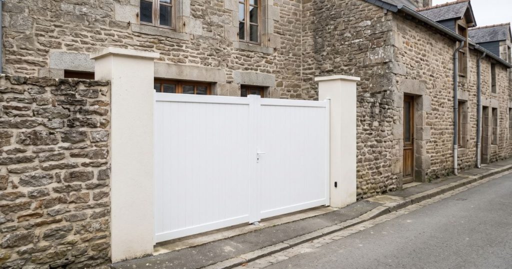 Portail battant aluminium blanc fermé au Mans, vu de face depuis la rue