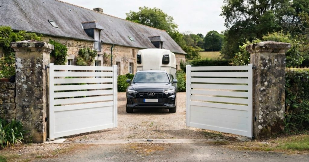 Portail battant à Craon ouvert sur une cour de longère, passage libre pour un van attelé, pose Kalio Menuiserie