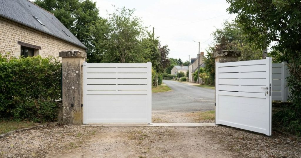 Recul d’un portail battant à Craon, deux vantaux ouverts à 90 degrés devant l’entrée, pose Kalio Menuiserie