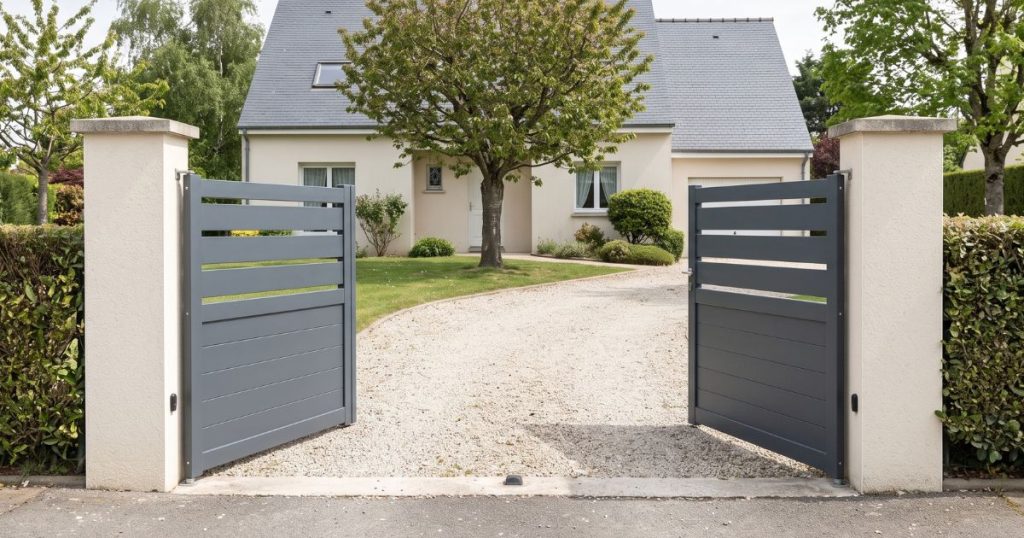 Portail battant aluminium Kalio Menuiserie ouvert sur ses deux vantaux, l’allée dégagée, vue d’ensemble depuis la rue