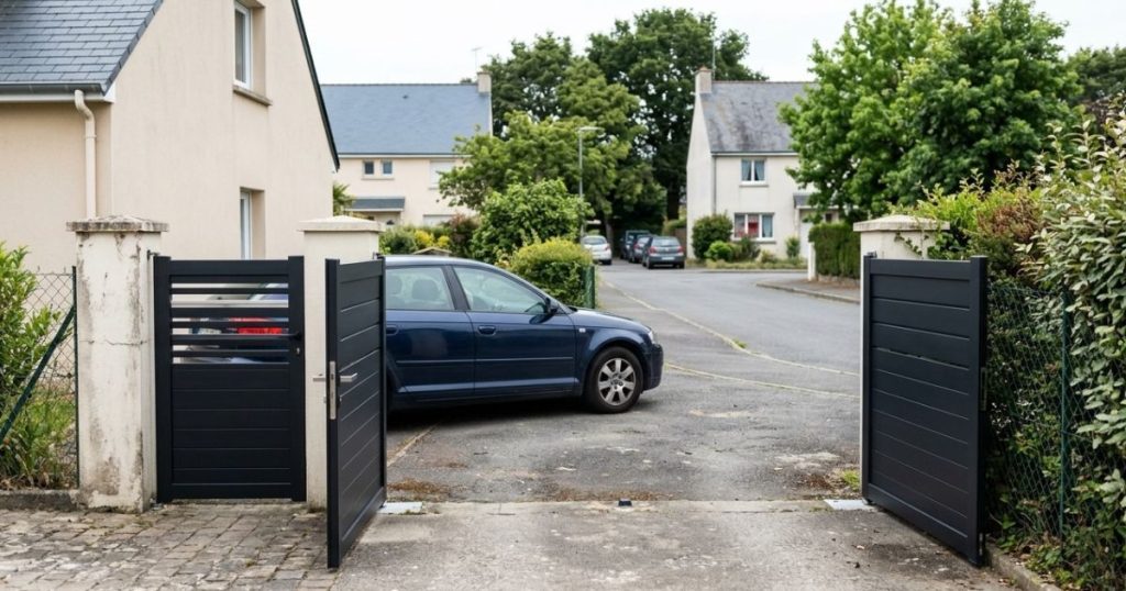 Cour courte fermée par un portail battant à Écommoy, voiture arrêtée entre les deux vantaux ouverts