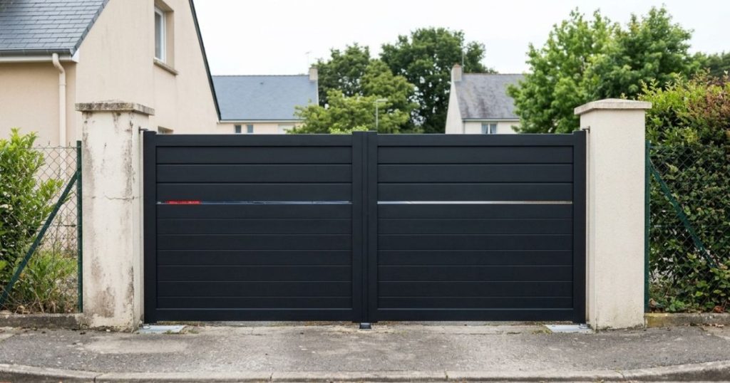 Portail battant à Écommoy fermé vu depuis la rue, les deux vantaux joints par la battée centrale