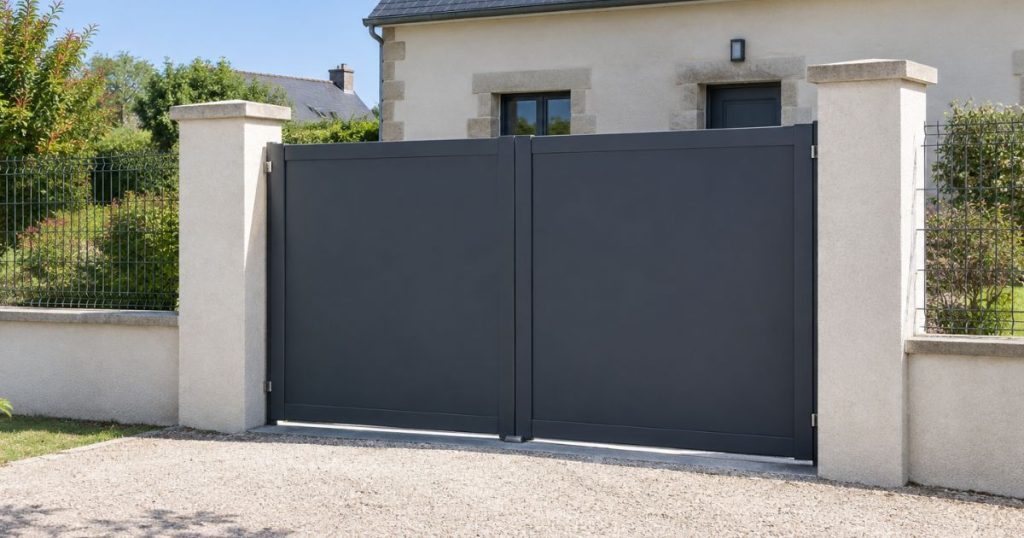 Portail battant aluminium posé à Nuillé-sur-Vicoin sur ses deux piliers maçonnés