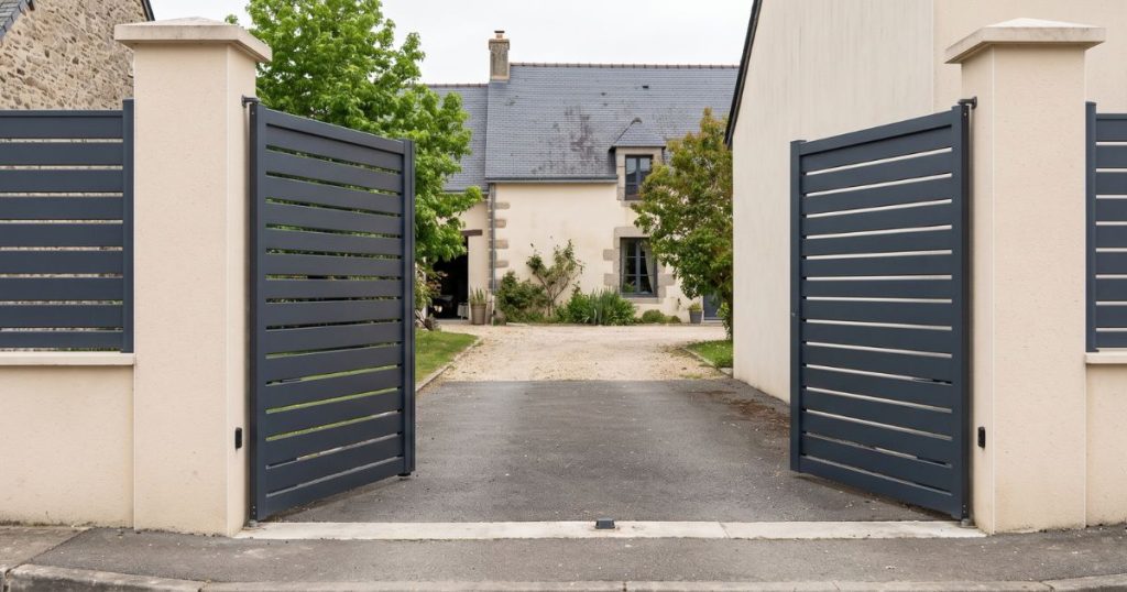 Portail battant aluminium Kalio Menuiserie grand ouvert, les deux vantaux effacés le long de la clôture, passage entièrement dégagé