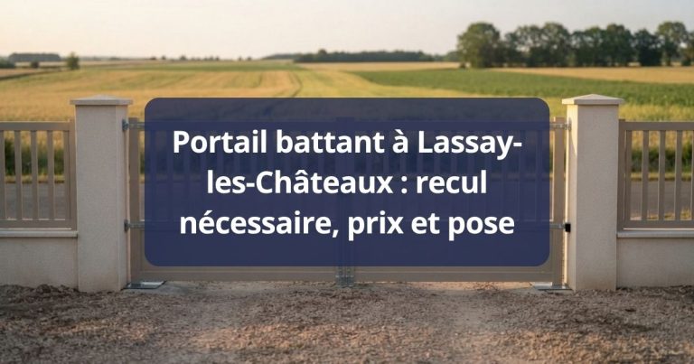 Portail battant aluminium à deux vantaux fermé, poignée centrale et butée au sol, à Lassay-les-Châteaux