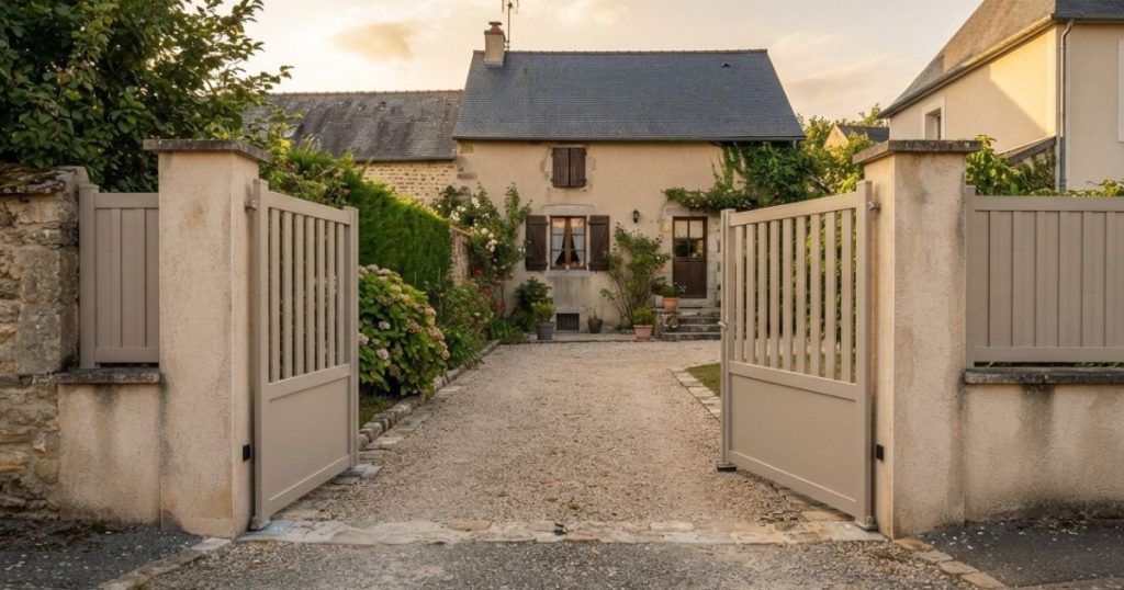 Portail battant aluminium ouvert à 90 degrés à Lassay-les-Châteaux