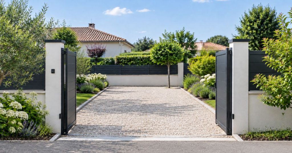 Recul nécessaire pour un portail battant à Mayenne, vantaux ouverts à 90 degrés, pose Kalio Menuiserie