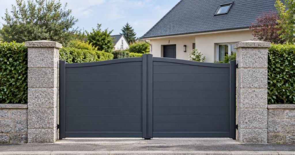 Portail battant aluminium posé à Mayenne sur des piliers de granit, par Kalio Menuiserie