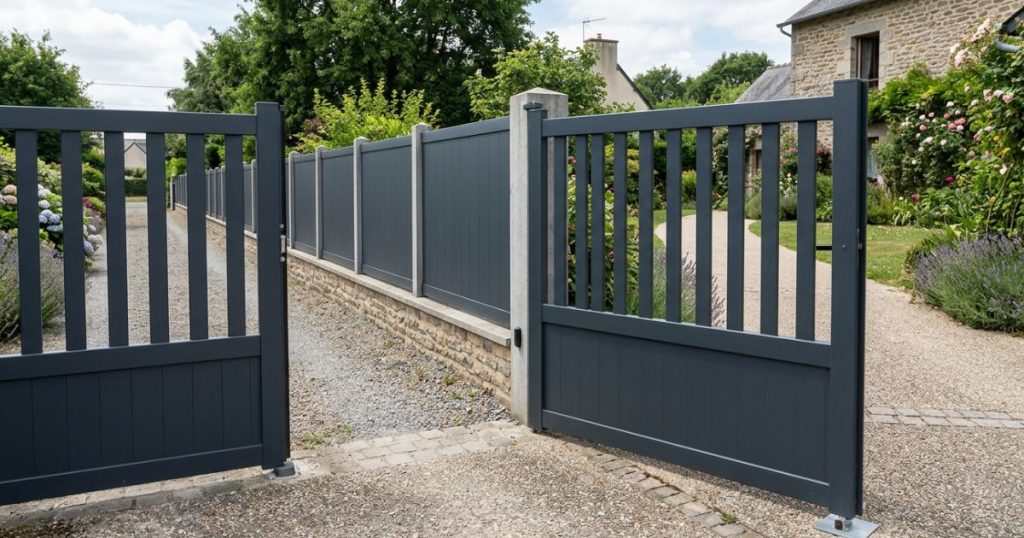 Vantail de portail battant ouvert et maintenu en butée à Mayenne, par Kalio Menuiserie