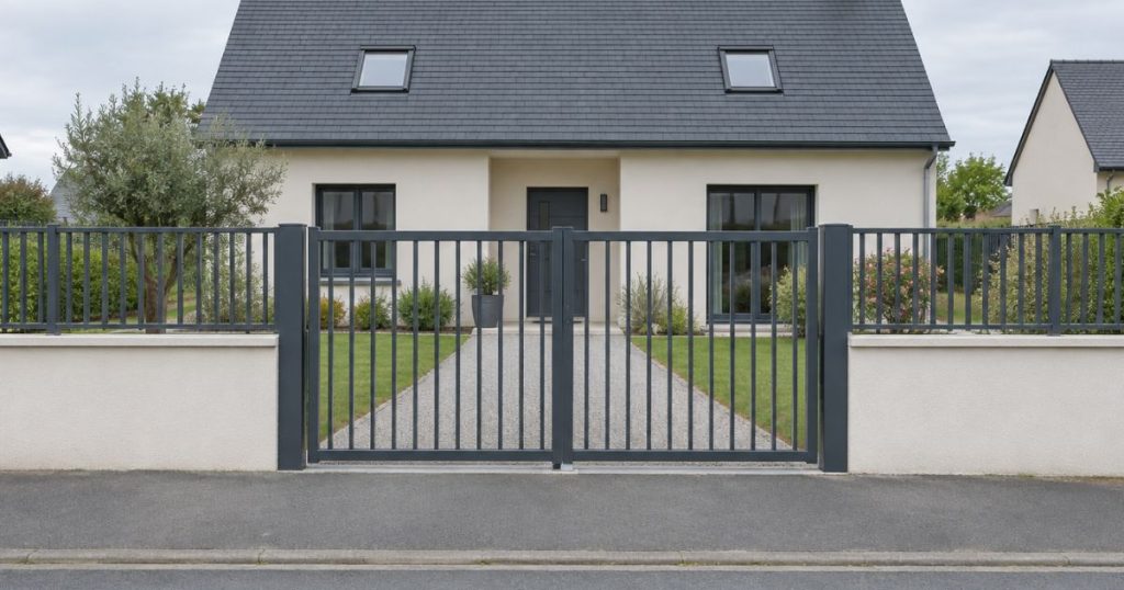 Mur bahut surmonté d’une grille sans occultation et portail battant aluminium aligné dessus à Melesse