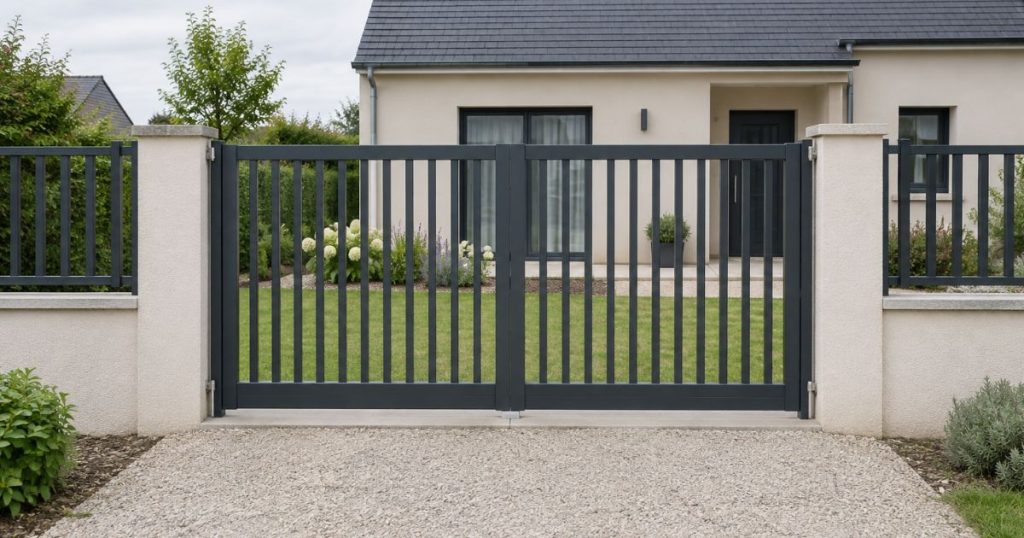 Portail battant aluminium fermé à Melesse, vantaux joints sur leur battée centrale