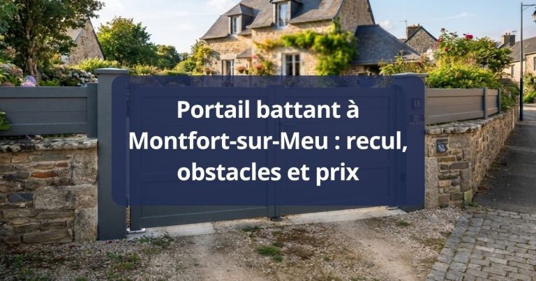 Portail battant aluminium ouvert sur une cour en pente, profondeur de balayage dégagée, à Montfort-sur-Meu