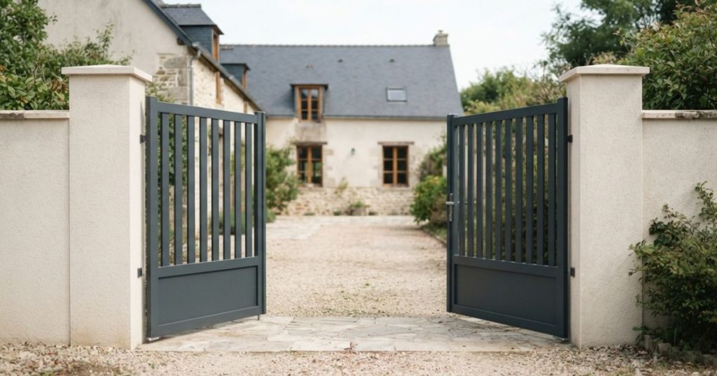 Portail battant à Montfort-sur-Meu complètement ouvert vu depuis la propriété, l’arc des vantaux et le sol de la cour visibles