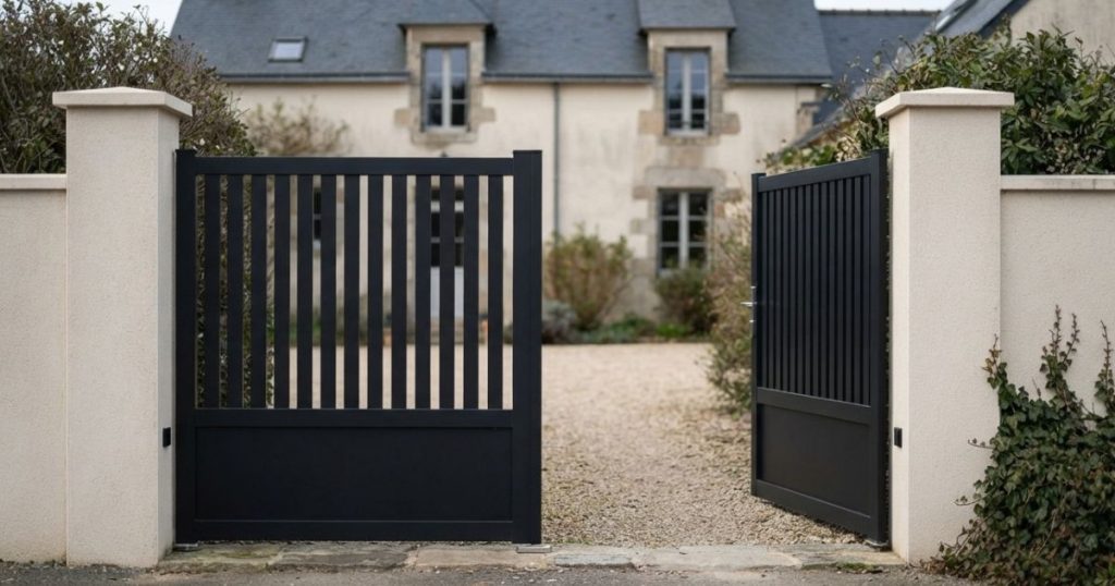 Portail battant à Montfort-sur-Meu entrouvert sur un seul vantail, vu de face depuis la rue
