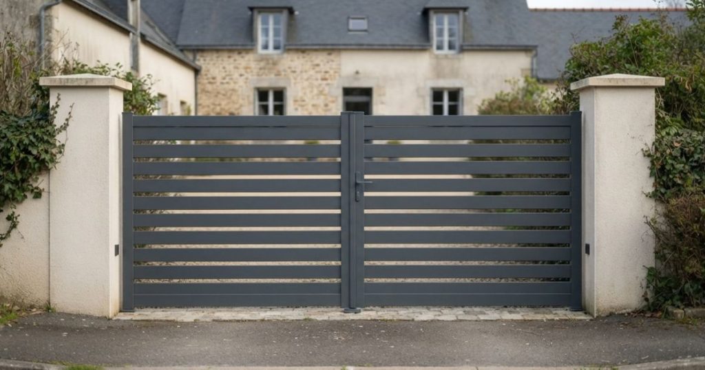 Portail battant fermé à Montfort-sur-Meu et la voie étroite devant l’entrée