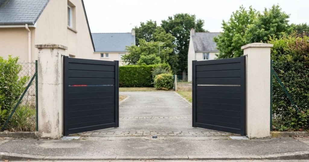 Portail battant noir complètement ouvert sur une cour courte à Écommoy