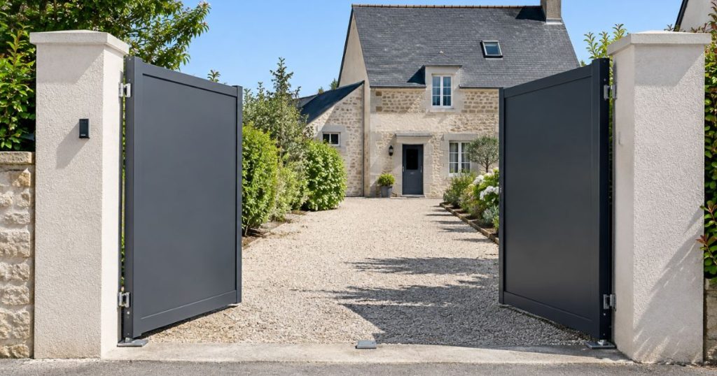Portail battant à Nuillé-sur-Vicoin ouvert à 90 degrés, recul disponible devant l’entrée