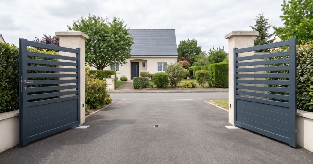 Portail battant aluminium Kalio Menuiserie ouvert sur ses deux vantaux, les piliers et l’aplomb visibles depuis la propriété