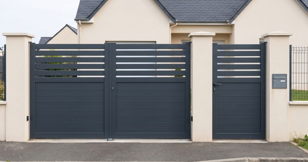 Portail battant aluminium et portillon assorti posé à côté, même teinte et même remplissage