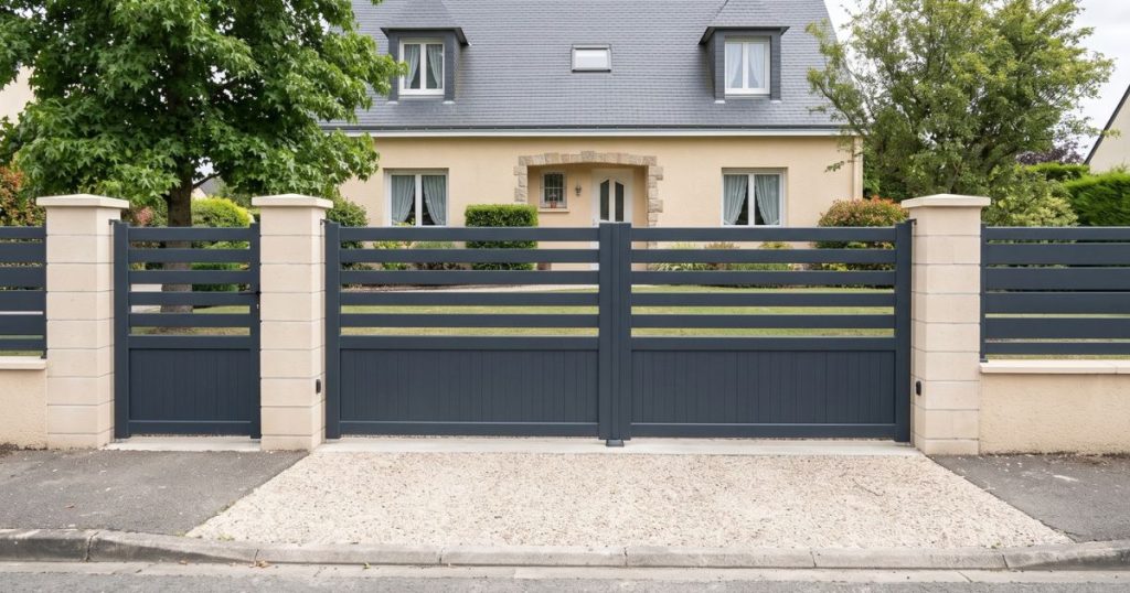 Portail battant aluminium fermé à Trélazé, vu de face entre ses deux piliers