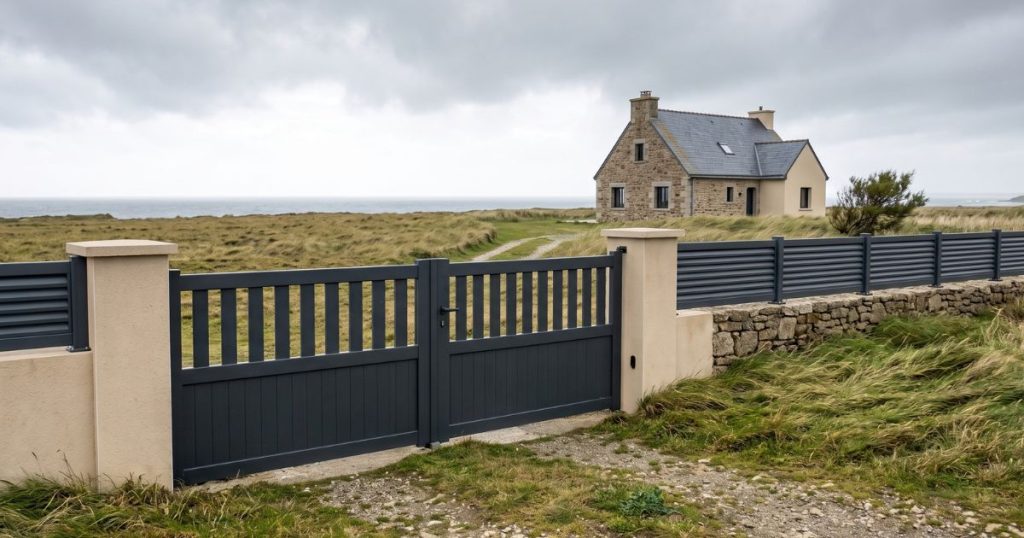 Portail aluminium sur une entrée de bord de côte, sans écran entre l’ouvrage et l’horizon