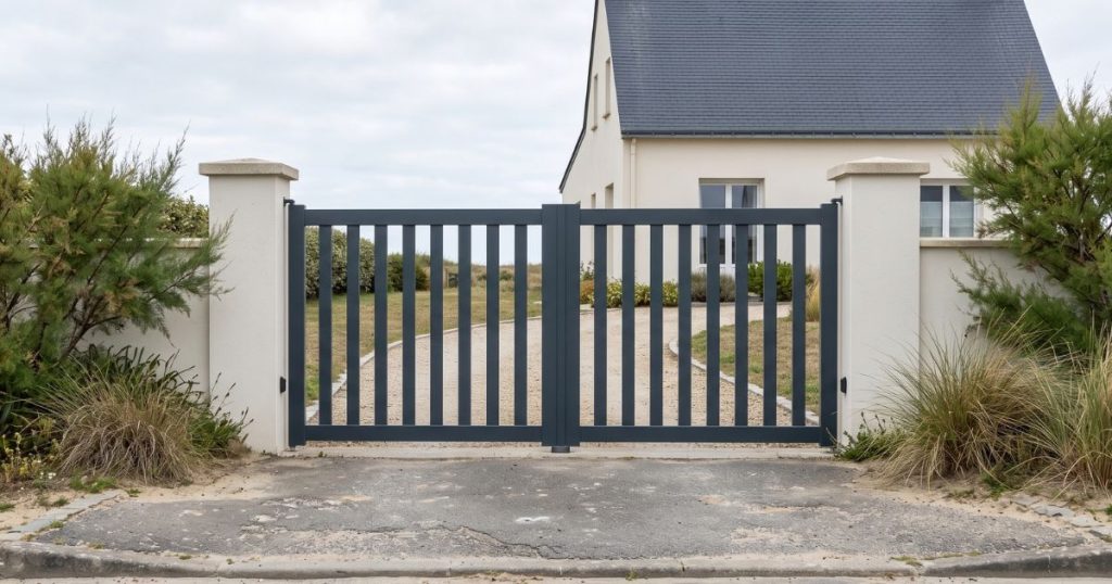 Portail aluminium posé sur une entrée côtière, végétation basse de part et d’autre