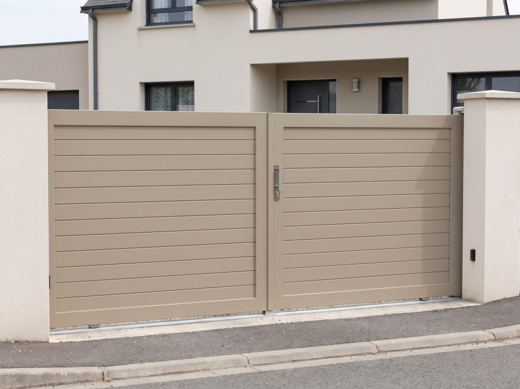 Portail coulissant aluminium fermé, bord inférieur régulier sur toute la longueur du rail