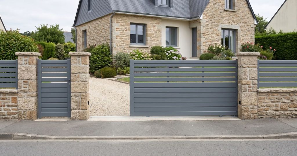 Portail coulissant aluminium fermé à Saint-Pierre-la-Cour, vu de face depuis la rue