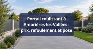 Rail au sol et galet d’un portail coulissant aluminium scellés dans leur longrine, à Ambrières-les-Vallées