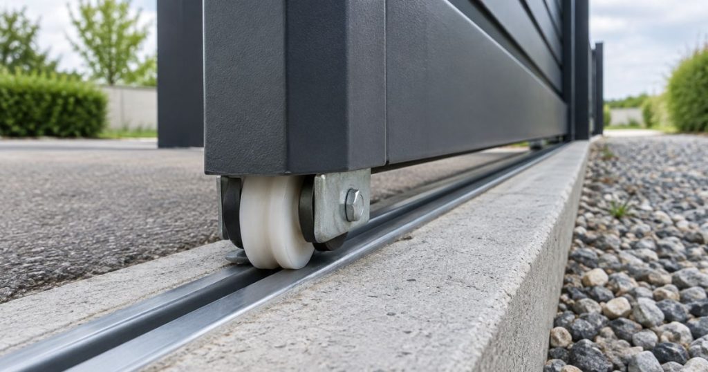 Rail de portail coulissant scellé dans sa longrine béton à Ambrières-les-Vallées, par Kalio Menuiserie