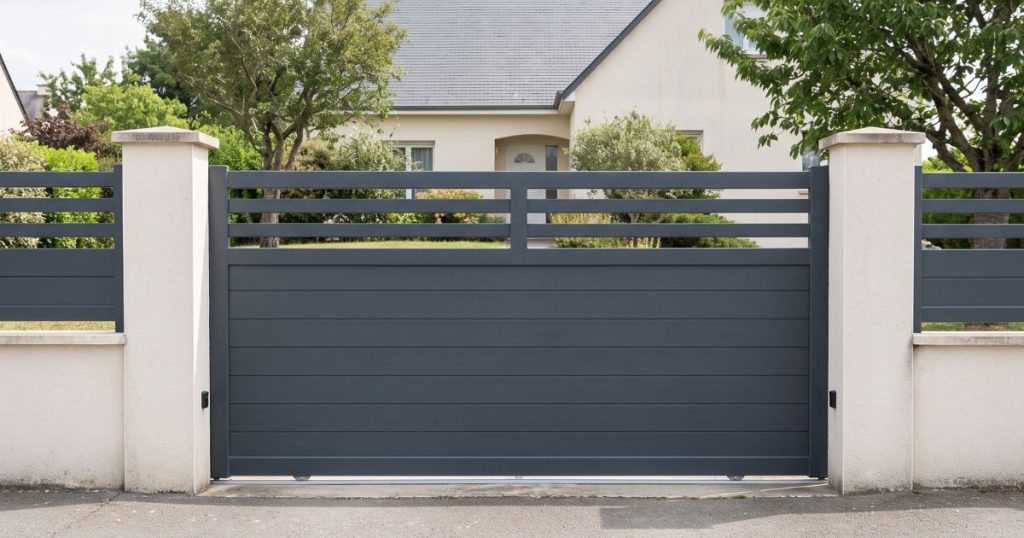 Portail coulissant aluminium Kalio Menuiserie fermé, le cadre du tablier et ses traverses visibles depuis la rue