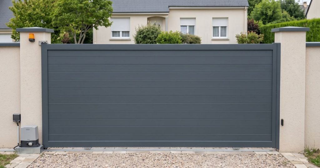 Portail coulissant aluminium fermé à Ernée, tablier sur toute la largeur du passage