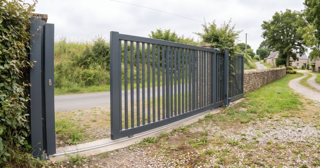 Portail coulissant à Guichen entrouvert vu depuis la propriété, tablier à barreaudage droit gris anthracite